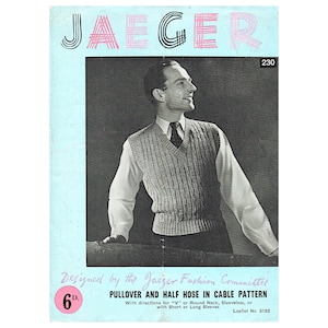 May include: Vintage magazine cover with the word "JAEGER" in pink and black. The cover features a black and white photo of a person wearing a gray cable knit vest over a white shirt and a dark tie. Text includes "PULLOVER AND HALF HOSE IN CABLE PATTERN."