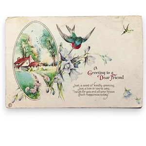 1910 Ornate Bird and Cottage Postcard “A Greeting to a Dear Friend” Stecher Rochester Irish Ephemera US Used Postcard with verse & message