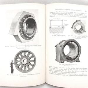 May include: A black and white technical book page titled Induction Motors: Construction, featuring diagrams of stators and a rotor spider. Illustrations include Fig. 246, 247, 248, 249, and 250, showing mechanical components with detailed labels and descriptive text.