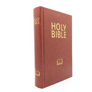 Könnte beinhalten: Ein braunes Hardcover-Buch mit dem in Gold gedruckten Schriftzug HOLY BIBLE auf dem Vorderdeckel und dem Buchrücken. Der Einband zeigt ein kleines goldenes Symbol eines offenen Buches, das sich auch unten auf dem Buchrücken befindet.