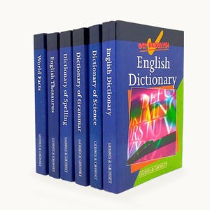 May include: A set of six blue reference books by Geddes & Grosset, including World Facts, English Thesaurus, Dictionary of Spelling, Grammar, Science, and English Dictionary. The front cover features the text Get Results! and an alphabet graphic.