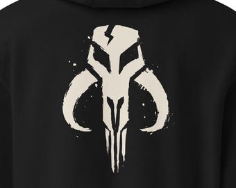 Sweat à capuche tête de mort mythosaure chaud ou froid, sweat Aurebesh, streetwear d'inspiration mandalorienne, fan de science-fiction, graphisme à l'encre osseuse