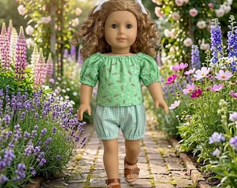 Mint Green Bee Print Doll Outfit – Puff Sleeve Top, Gingham Bloomers (18 Inch Dolls)