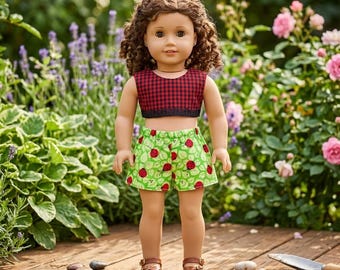 18-inch Doll Summer Outfit – Red Gingham Crop Top, Ladybug Shorts Set