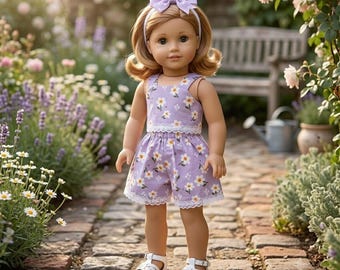 18 Inch Doll Lavender Daisy Floral Shorts Set | Ruffled Waist, Lace Trim, Bow Headband