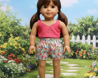 Summer Floral Doll Outfit - Pink V-Neck Top & Flower Print Shorts - Fits 18 Inch Dolls