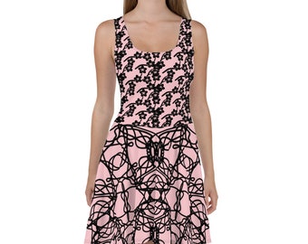 Pink Black Geometric Designed Skater Dress XS-3XL Free Shipping