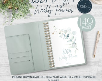 2024 Dated Weekly Printable Eucalyptus designed Planner, INSTANT DOWNLOAD, Minimalist Design, 7 Day Schedule on Two Pages, PDF, A5