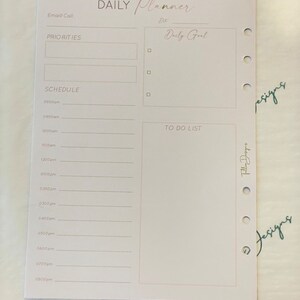 Daily Planner | A5 Inserts | printed pages | daily Schedule | Refills for Kikki K, Filofax 6 ring binders