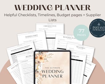 May include: A digital wedding planner with 77 pages, featuring checklists, timelines, budget pages, and supplier lists. The cover features a floral design with the text "The Ultimate Wedding Planner".