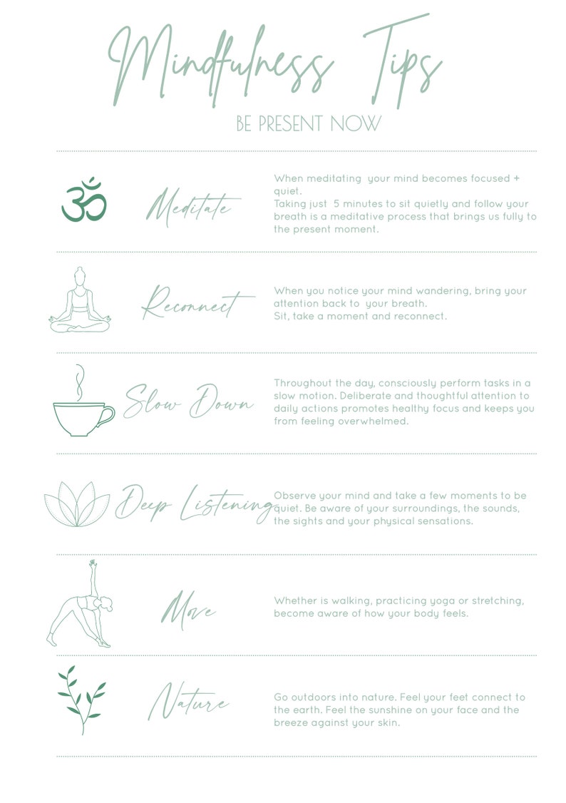 May include: A green and white infographic with the title "Mindfulness Tips" and the subtitle "Be Present Now". The infographic lists six tips for mindfulness: Meditate, Reconnect, Slow Down, Deep Listening, Move, and Nature. Each tip is illustrated with a simple line drawing.