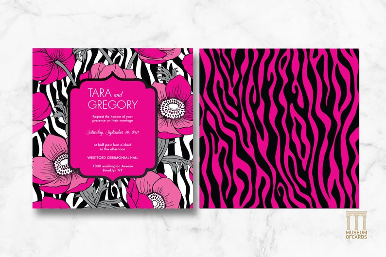 Luxury Classy Flowers Invite RSVP Wedding Invitation Suite Information Downloadable and Printable Template Set. Pink Zebra Art