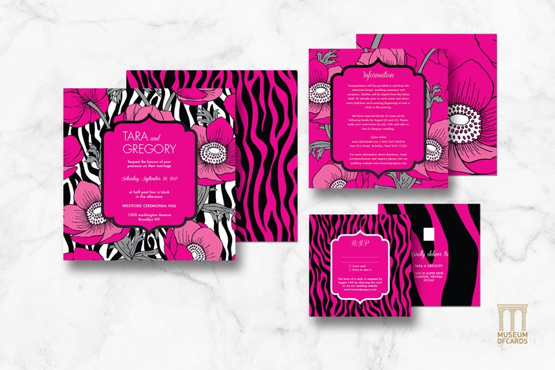 Luxury Classy Flowers Invite RSVP Wedding Invitation Suite Information Downloadable and Printable Template Set. Pink Zebra Art