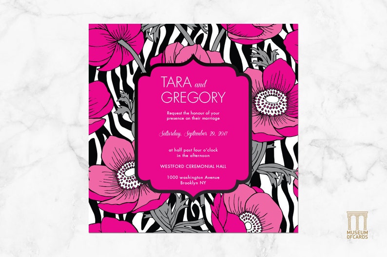 Luxury Classy Flowers Invite RSVP Wedding Invitation Suite Information Downloadable and Printable Template Set. Pink Zebra Art