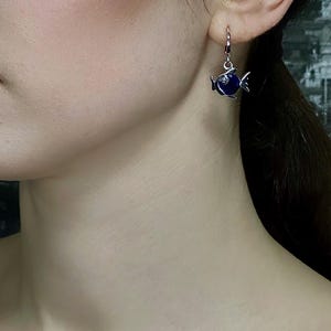 Silver Fish  Earrings: Pisces Symbol Earrings with  blue Cubic Zirconia, Rhodium-Plated Moving Fish Jewelry, Sea Life Beach Jewelry