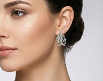 Sterling Silver Woven Earrings, Intertwined Pave CZ Hoops, Chunky Statement Jewelry, Rhodium Plated Bridal Glamour, Diamond Alternative