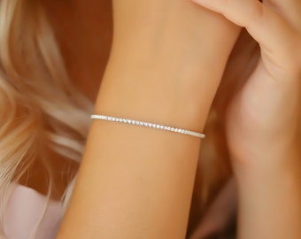 Sterling Silver Tennis Bracelet: Thin and Adjustable Bracelet with Sparkling Diamond CZs, All-Silver Design for a Timeless Look