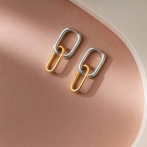 Pendientes de cadena gruesa, aro doble ovalado, colgantes de clip de plata bañada en oro, joyería geométrica minimalista, aros de plata para uso diario.