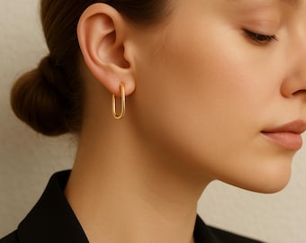 Förgyllda rektangulära U-formade ringar i sterlingsilver, minimalistiska geometriska huggies