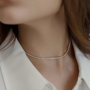 Silver Choker Necklace for Women|925 Sterling Silver Skinny Choker Necklace with Cubic Zirconia Stones|Dainty Chokers for Women and Girls|