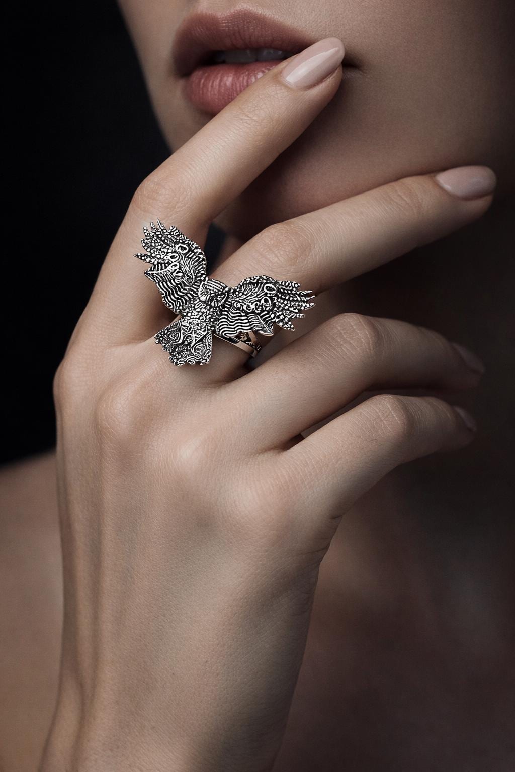 Statement Silver Owl Ring, Oxidized Woodland Jewelry, Dark Academia Witchy Ring, Large Bird Ring, Wi
