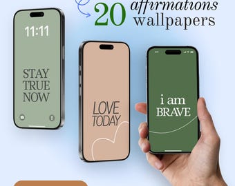 Pode incluir: Três maquetes de tela de telefone com fundos verde e bege. O texto nas telas diz "Stay True Now", "Love Today" e "I am Brave".