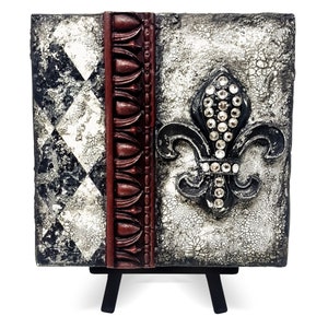 Fleur de Lis Decor - New Orleans Art - Harlequin Pattern Decoration - Tabletop Decoration - Wall Hanging Plaque - Plaque and Easel SET