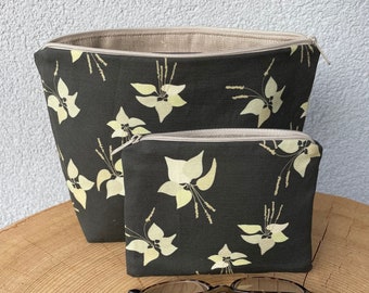 Toiletry bag, necessaire, beauty case, hand-sewn, small bag, case, botanical, black, gift