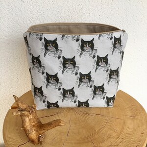 Trousse de toilette, trousse de toilette, sac, chat, cousu main, noir et blanc