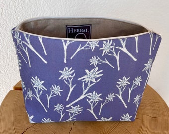 Toiletry bag, Necessaire, handmade from a fabric designed by me, motif Edelweiss, from the Jungfrau region