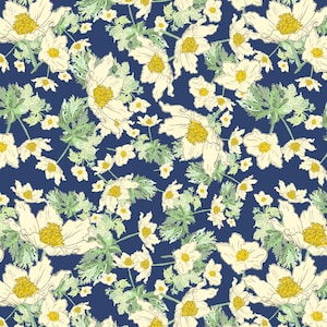 Puede incluir: Patrón continuo de flores blancas con centros amarillos y follaje verde sobre un fondo azul oscuro. El diseño floral se repite, creando un patrón decorativo y visualmente atractivo.