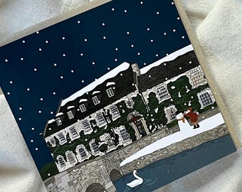 Pack of Bibury Christmas Cards – Snow Scene The Swan Illustration – Cotswolds festive Greeting Card