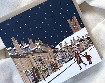 Single Broadway Cotswolds Christmas card - Snowy village street illustration - English winter countryside festive card