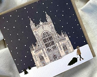Pack of Bath Abbey Christmas Cards - snowy winter cotswolds scene - illustrated church at christmas