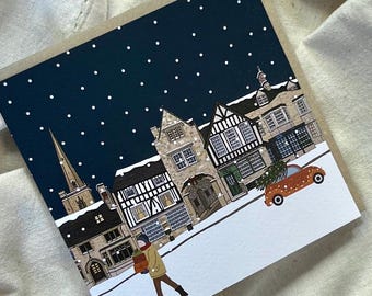 Single Burford Christmas Card: Cotswolds Landmark Illustration, Multipack