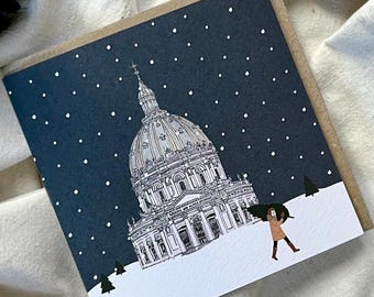 Single Frederikskirken Christmas card - Copenhagen marble church snow scene - Danish festive greeting card