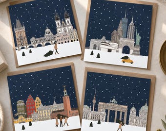 Pack of City Snow Scene Christmas Cards: Illustrated Landmark Art - Mixed Pack
