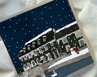 Single Bibury Christmas Card – Snow Scene Illustration – Cotswolds The Swan Greeting Card