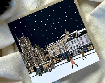 Single Cirencester Christmas Card – Snowy Market Town Illustration – Cotswolds Winter Scene
