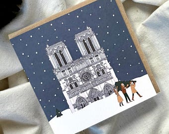 Pack of Notre-Dame Paris Christmas cards - Parisian Winter illustration, Paris landmark holiday card