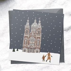 Cartoline natalizie singole di Amsterdam, Basilica di San Nicola, punto di riferimento di Amsterdam, Natale minimale, Natale Scandi, cartolina di Natale di Amsterdam, olandese