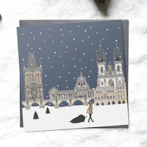 Tarjeta de Navidad única de Praga, tarjetas de Navidad, Torre de la Pólvora, Punto de referencia de Praga, Navidad mínima, Navidad Scandi, tarjeta de felicitación de Navidad