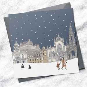 Tarjetas de Navidad individuales de Edimburgo, Navidad de Edimburgo, paisaje urbano de Edimburgo, Castillo de Edimburgo, Navidad mínima, Navidad Scandi, tarjeta de Edimburgo