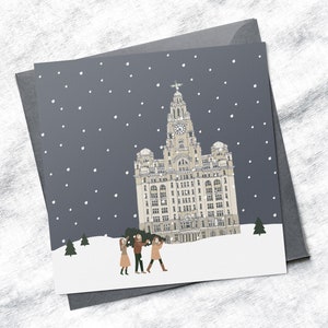 Tarjeta de Navidad única de Liverpool, tarjetas de Navidad, edificio del hígado, punto de referencia británico, Navidad mínima, Navidad Scandi, Navidad individual