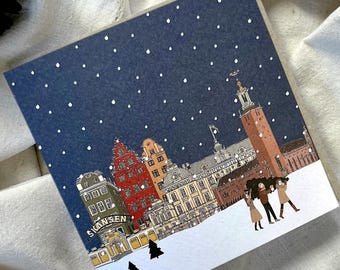 Single Stockholm Christmas Card - Gamla Stan winter scene - Swedish snowy Xmas holiday card