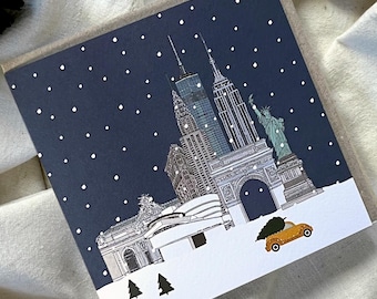 1 Set New York Weihnachtskarte - NYC Skyline Winterszene - illustrierte Manhattan Weihnachtskarte