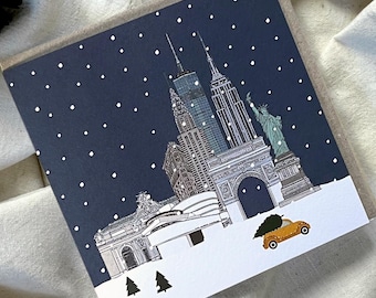 Einzelstück New York Weihnachtskarte - NYC Skyline Winter Szene - illustrierte Manhattan Weihnachtskarte