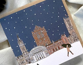 Pack of Manchester Christmas Card - illustrated winter city - north england festive snowy xmas card