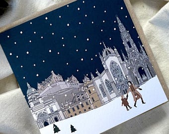 Single Edinburgh Christmas Card - winter city illustration - festive Scottish skyline greeting card