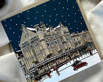 Single Harrogate Christmas Card - Betty's Tea room snowy winter scene - Yorkshire Xmas illustration